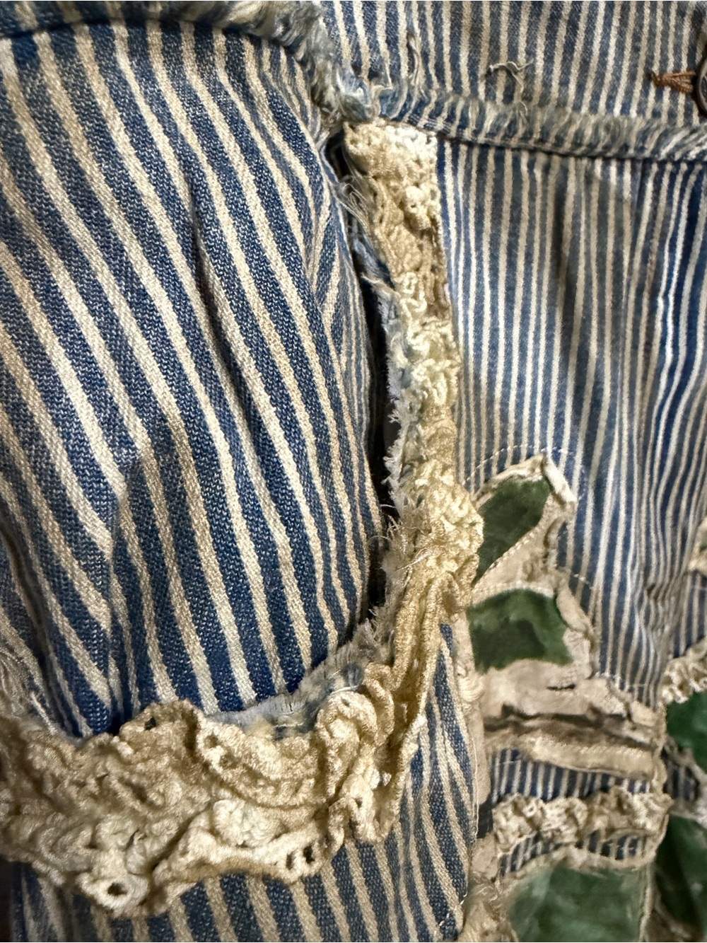 NWT A RARE BIRD Bohemian Vintage Rose Ticking High Waist Lace Denim Blue Stripe - Picture 6 of 16